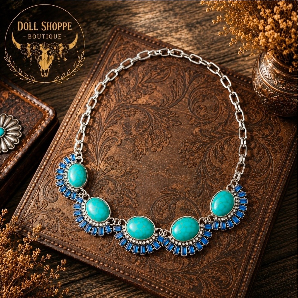 Western Turquoise & Sapphire Blue Statement Necklace | Silver Tone